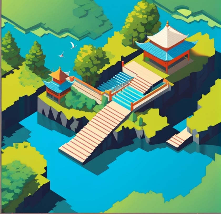 isometric, bird, isometric building, scenery, stairs, tree, water <lora:sdxl_isometric:0.65>