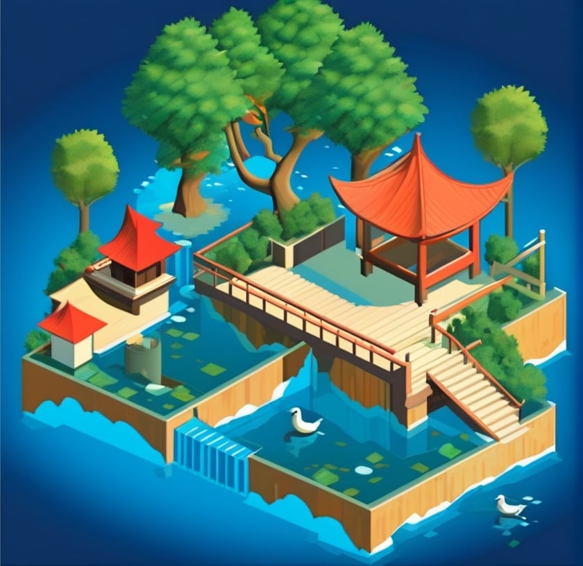 isometric, bird, isometric building, scenery, stairs, tree, water <lora:sdxl_isometric-000001:0.65>