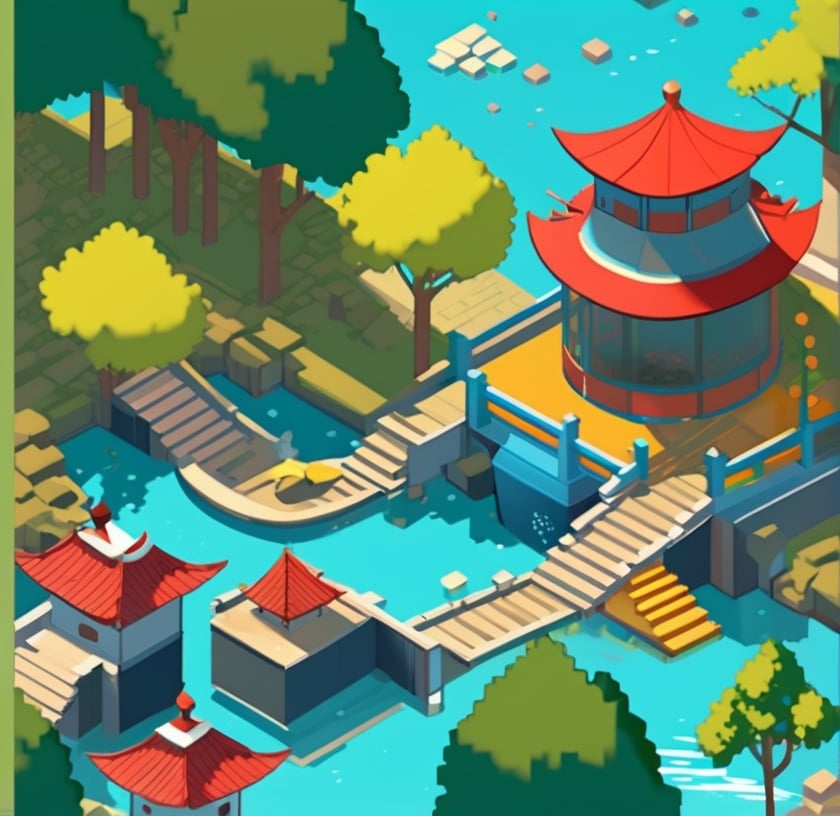 isometric, bird, isometric building, scenery, stairs, tree, water <lora:sdxl_isometric:0.65>