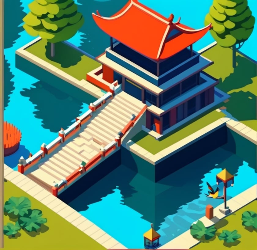 isometric, bird, isometric building, scenery, stairs, tree, water <lora:sdxl_isometric:0.65>