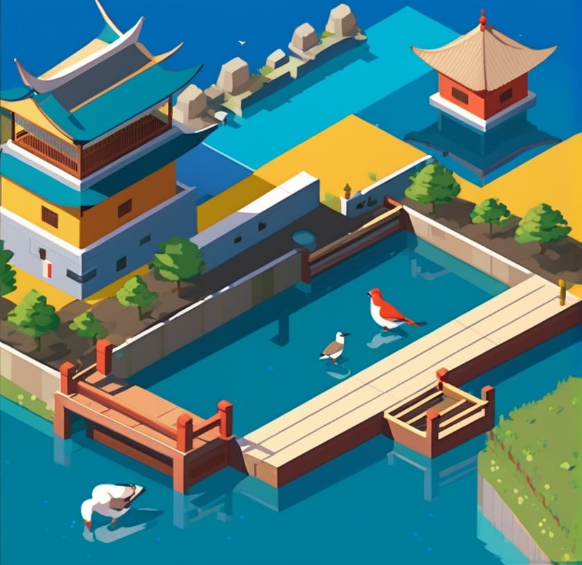 isometric, bird, isometric building, scenery, stairs, tree, water <lora:sdxl_isometric:0.65>