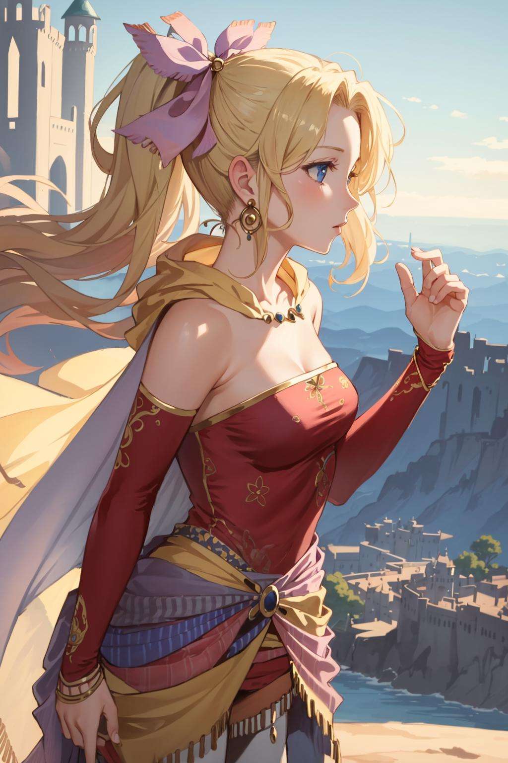 masterpiece, best quality, tina branford, blonde hair, cape, earrings, red dress, detached sleeves, hair ribbon, clothes around waist, print legwear, from side, top of a castle, looking to the side, desert <lora:tina-nvwls-v1-000012:0.9>