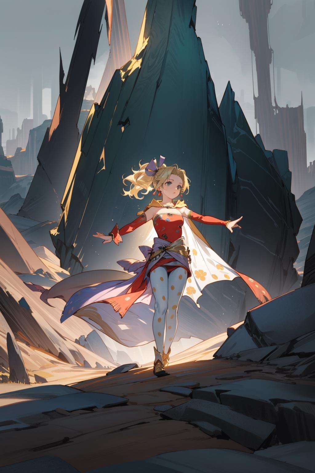 masterpiece, best quality, tina branford, blonde hair, cape, earrings, red dress, detached sleeves, hair ribbon, clothes around waist, print legwear, wasteland, chasm, rock formations, black sky, night, eerie green glow, wide shot, standing, outstretched hand <lora:tina-nvwls-v1-000012:0.9>