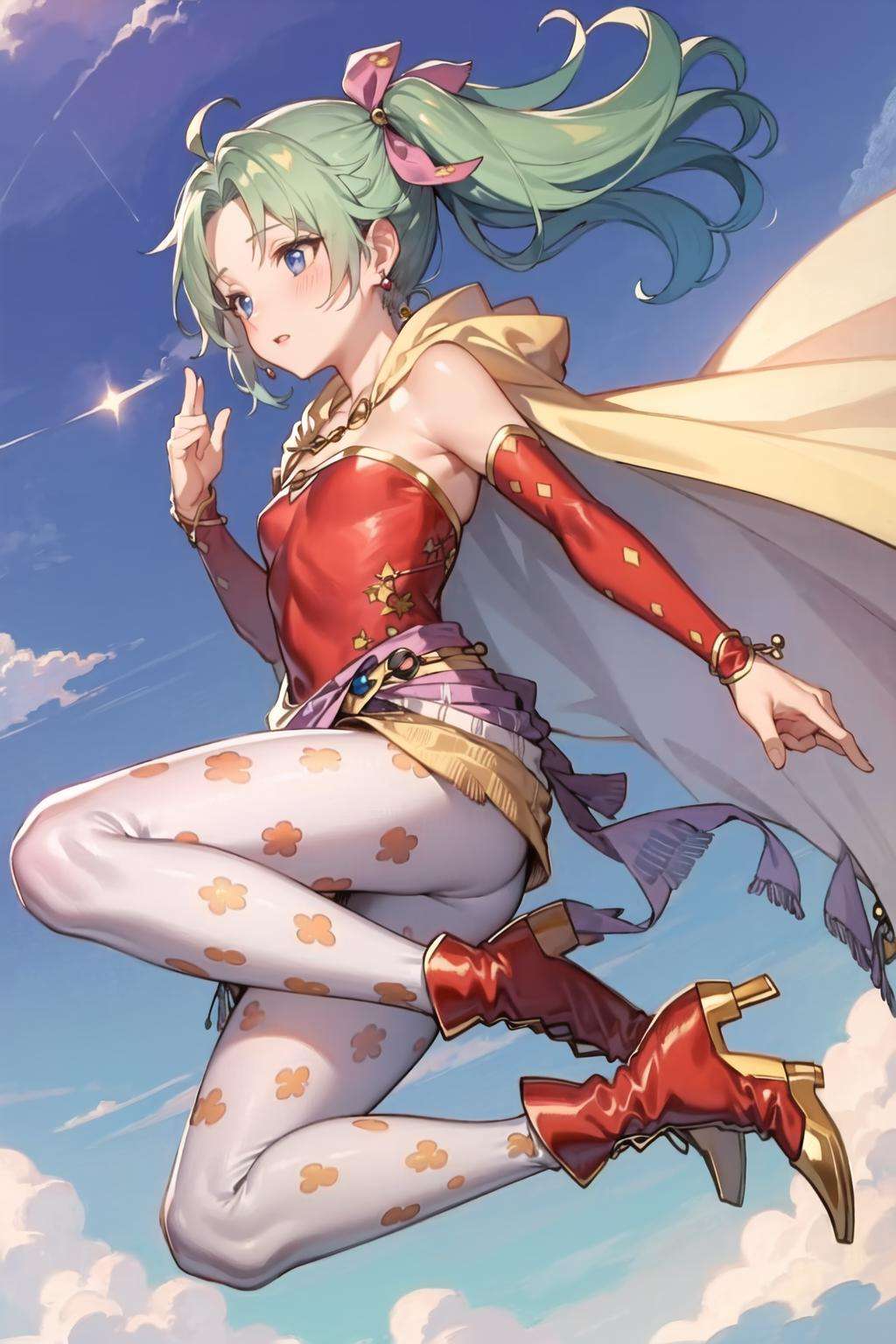 masterpiece, best quality, tina branford, green hair, cape, earrings, red dress, detached sleeves, hair ribbon, clothes around waist, print legwear, red boots, jumping, sky, cloud trails <lora:tina-nvwls-v1-000012:0.9>