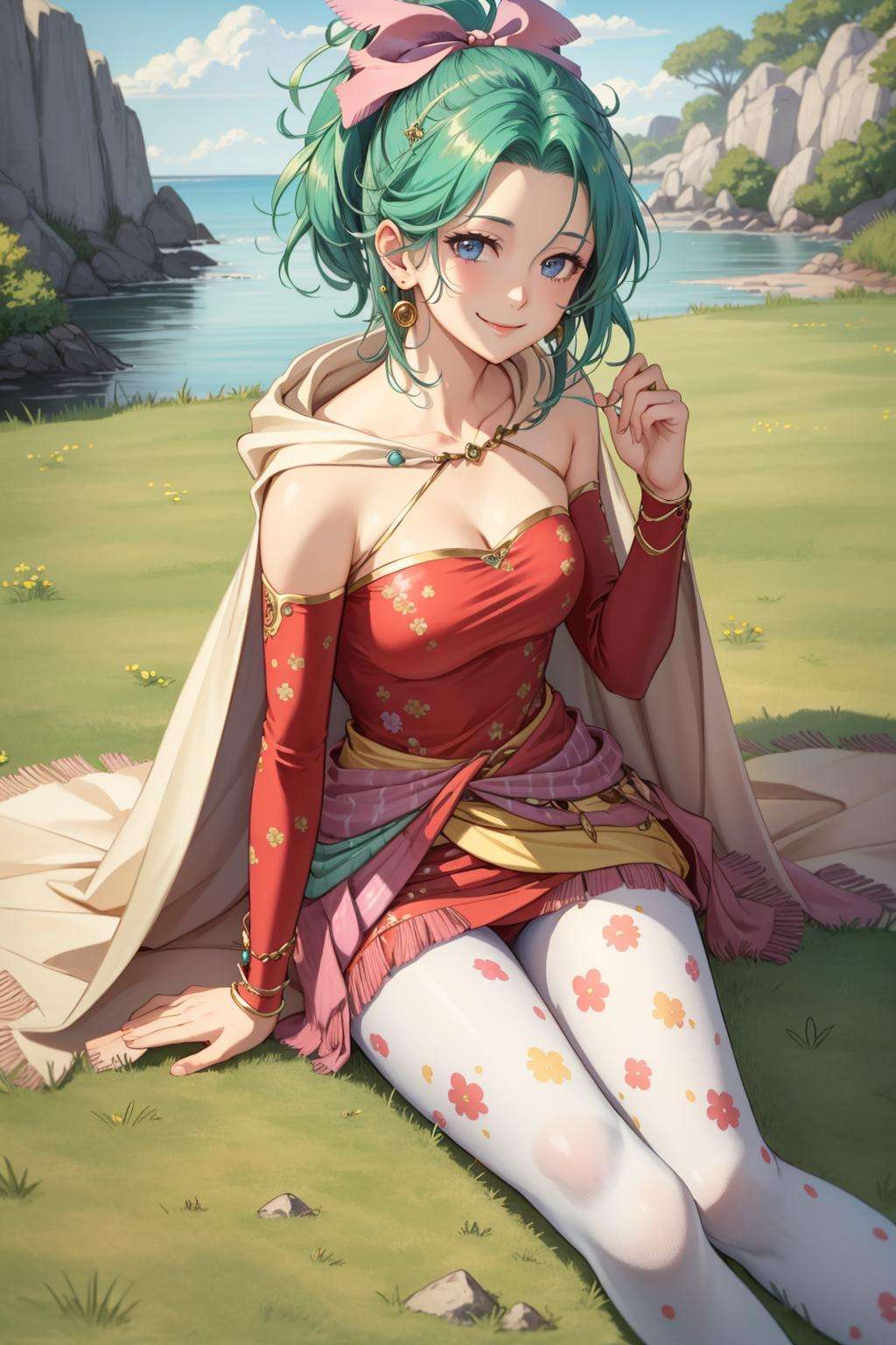 masterpiece, best quality, tina branford, green hair, cape, earrings, red dress, detached sleeves, hair ribbon, clothes around waist, print legwear, looking at viewer, closed mouth, smile, sitting on ground, grass <lora:tina-nvwls-v1-000012:0.9>