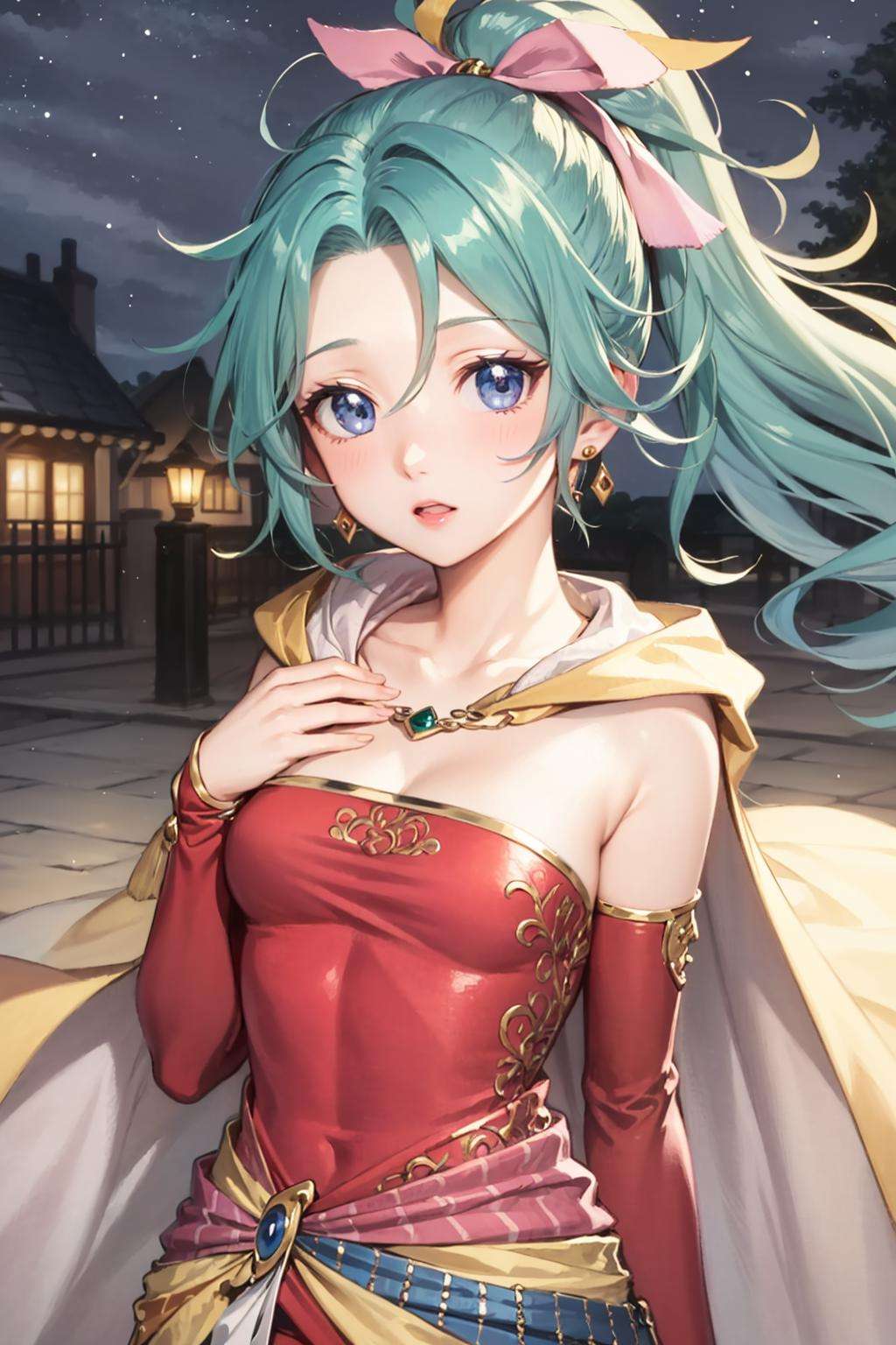 masterpiece, best quality, tina branford, green hair, cape, earrings, red dress, detached sleeves, hair ribbon, clothes around waist, upper body, looking at viewer, surprised, wide open eyes, village, night <lora:tina-nvwls-v1-000012:0.9>