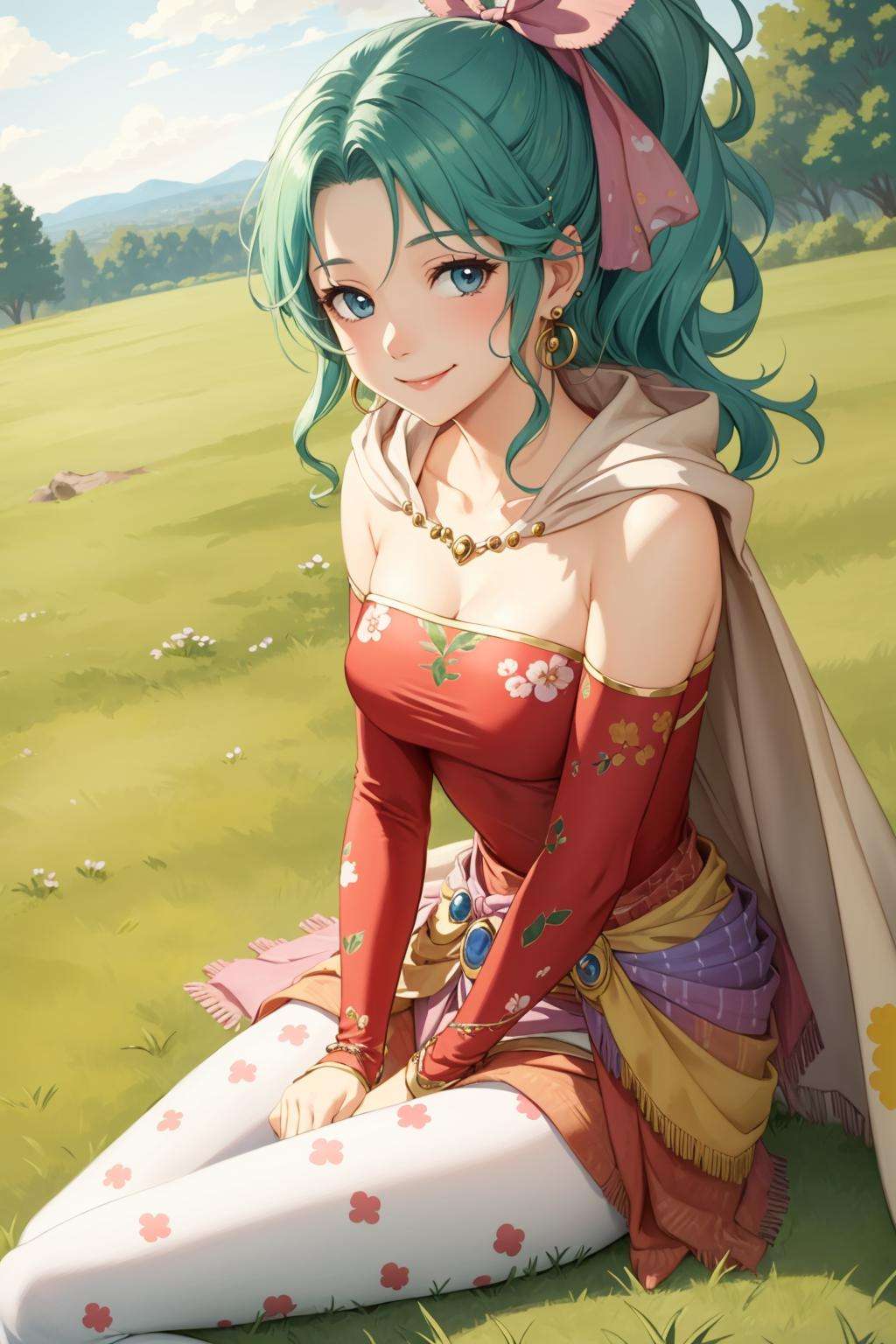 masterpiece, best quality, tina branford, green hair, cape, earrings, red dress, detached sleeves, hair ribbon, clothes around waist, print legwear, looking at viewer, closed mouth, smile, sitting on ground, grass <lora:tina-nvwls-v1-final:0.9>