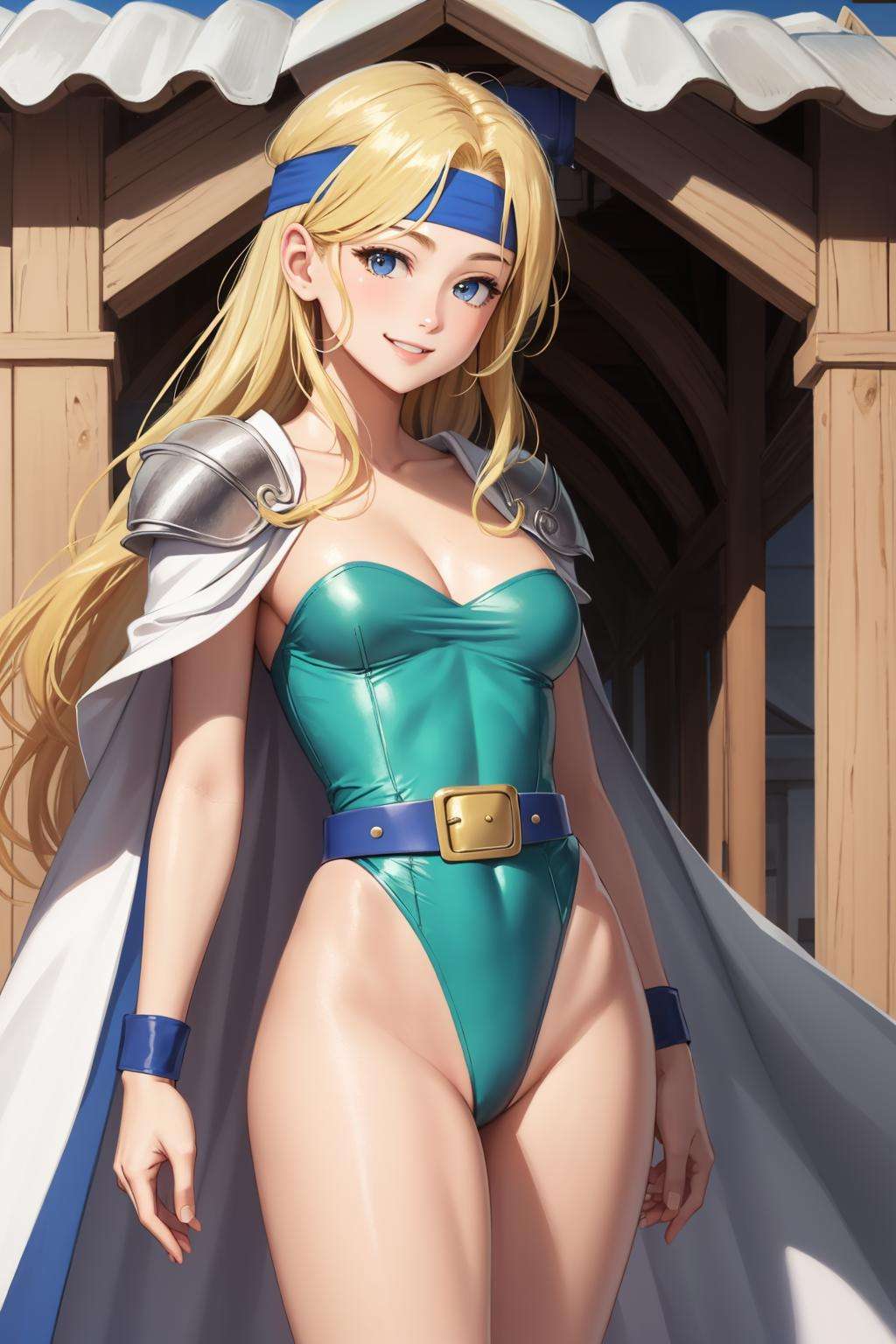 masterpiece, best quality, celes chere, blue headband, green leotard, white cape, blue belt, contrapposto, upper body, looking at viewer, smile, village <lora:celes-nvwls-v2-000012:0.9>