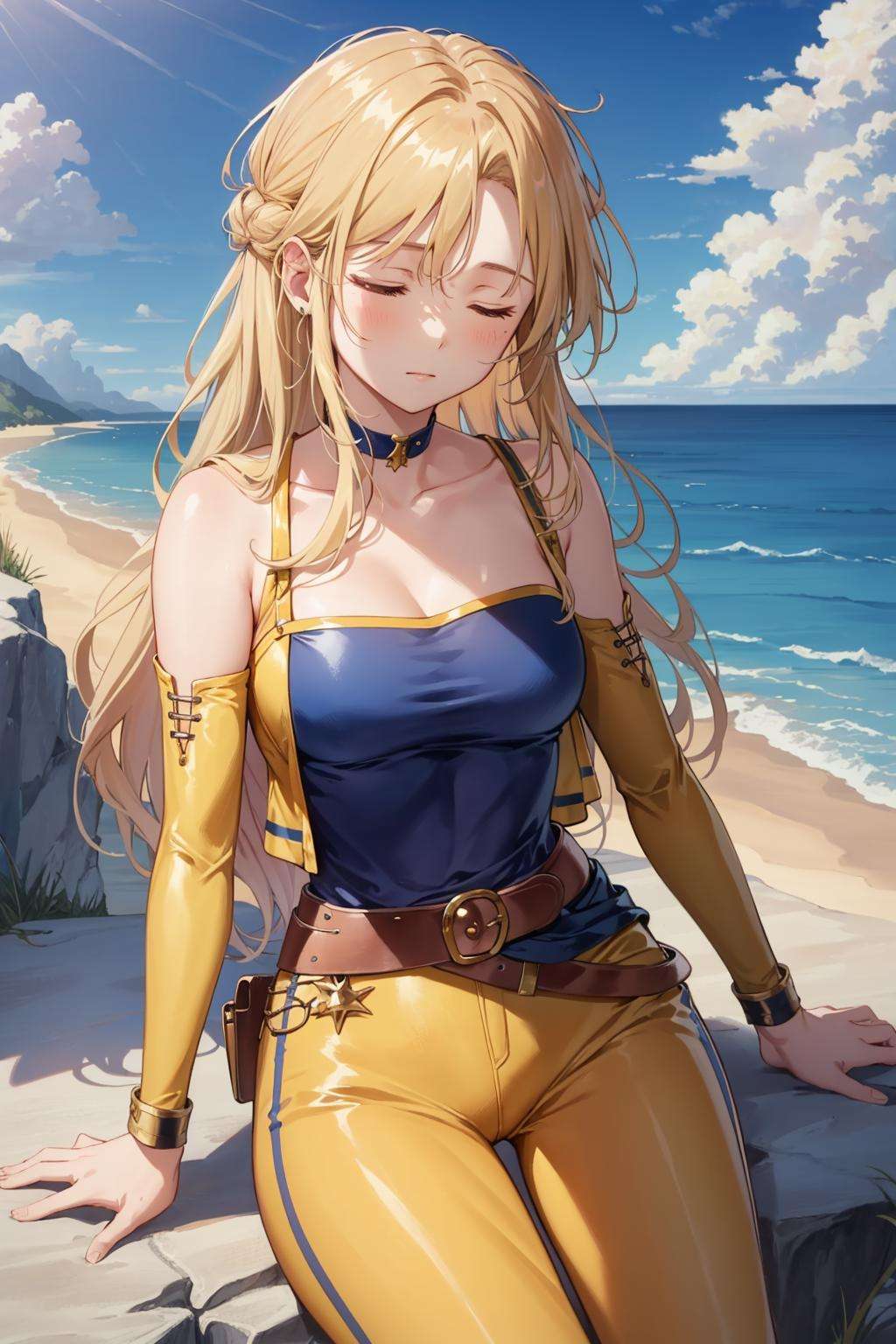 masterpiece, best quality, celes chere, yellow vest, detached sleeves, blue shirt, belt, yellow pants, kneeling, closed eyes, on top of a cliff overlooking the ocean, cloud, sky <lora:celes-nvwls-v2-000012:0.9>