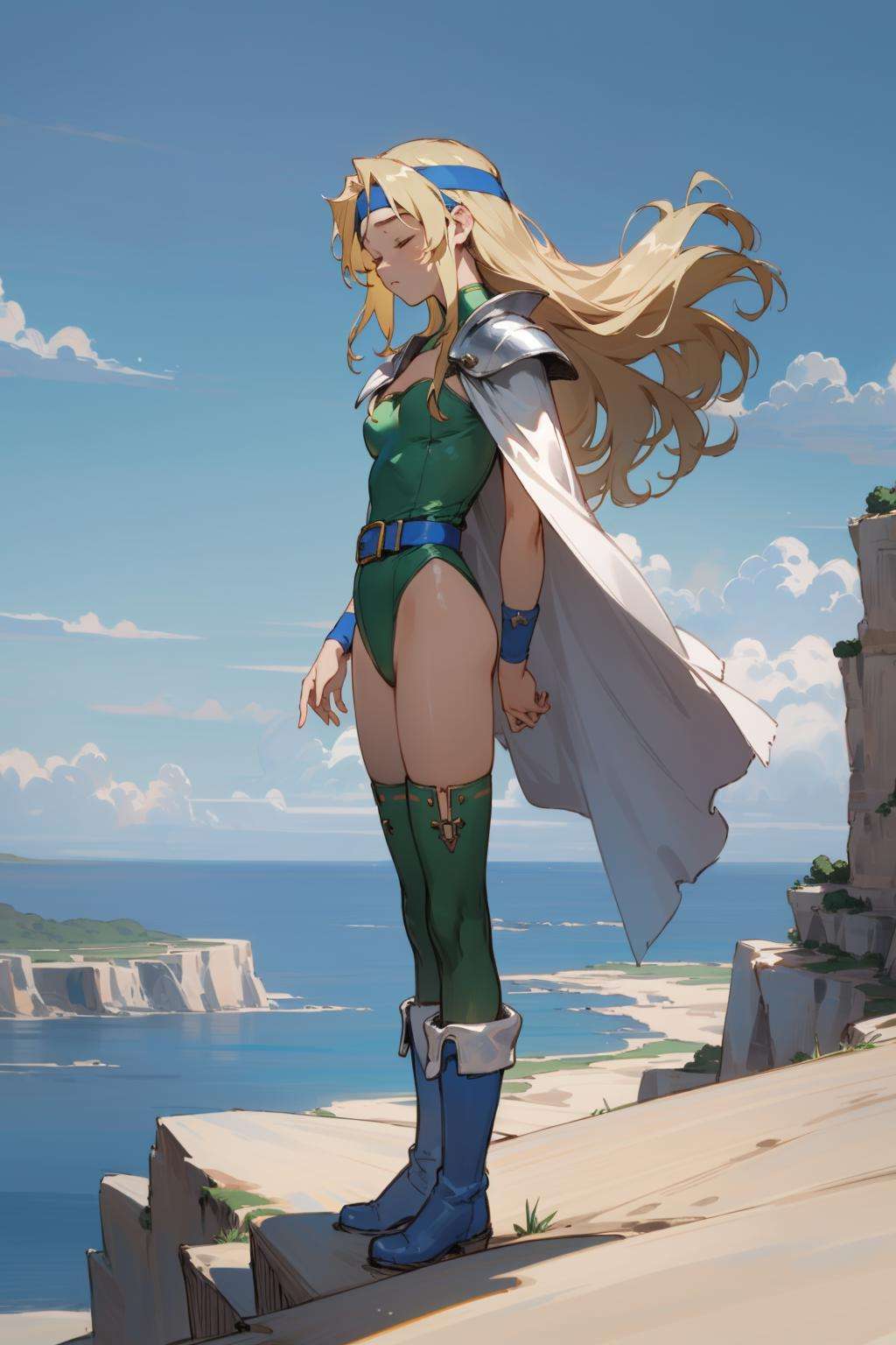 masterpiece, (realistic:1.2), hyperrealistic, best quality, celes chere, blue headband, green leotard, white cape, blue belt, white thighhighs, blue boots, standing on the edge of a cliff, from side, sky, closed eyes <lora:celes-nvwls-v2-000012:0.9>