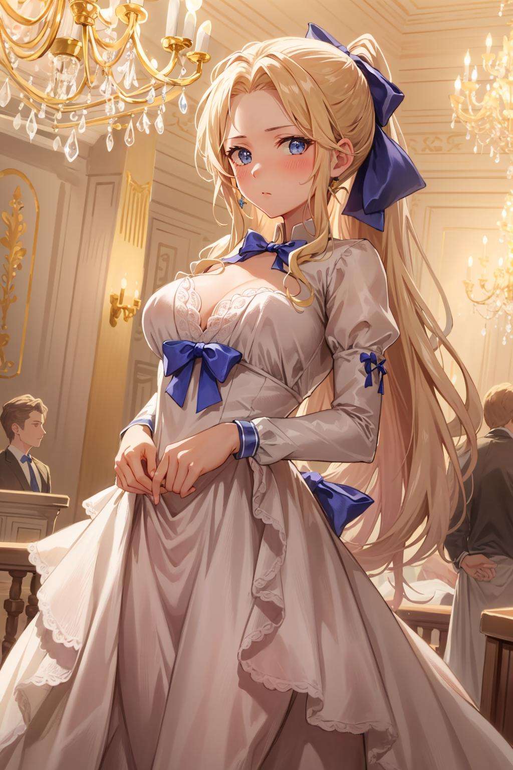 masterpiece, best quality, celes chere, white ballgown, hair bow, blue ribbon, blushing, ornate ballroom, chandelier, looking at viewer <lora:celes-nvwls-v2-000012:0.9>