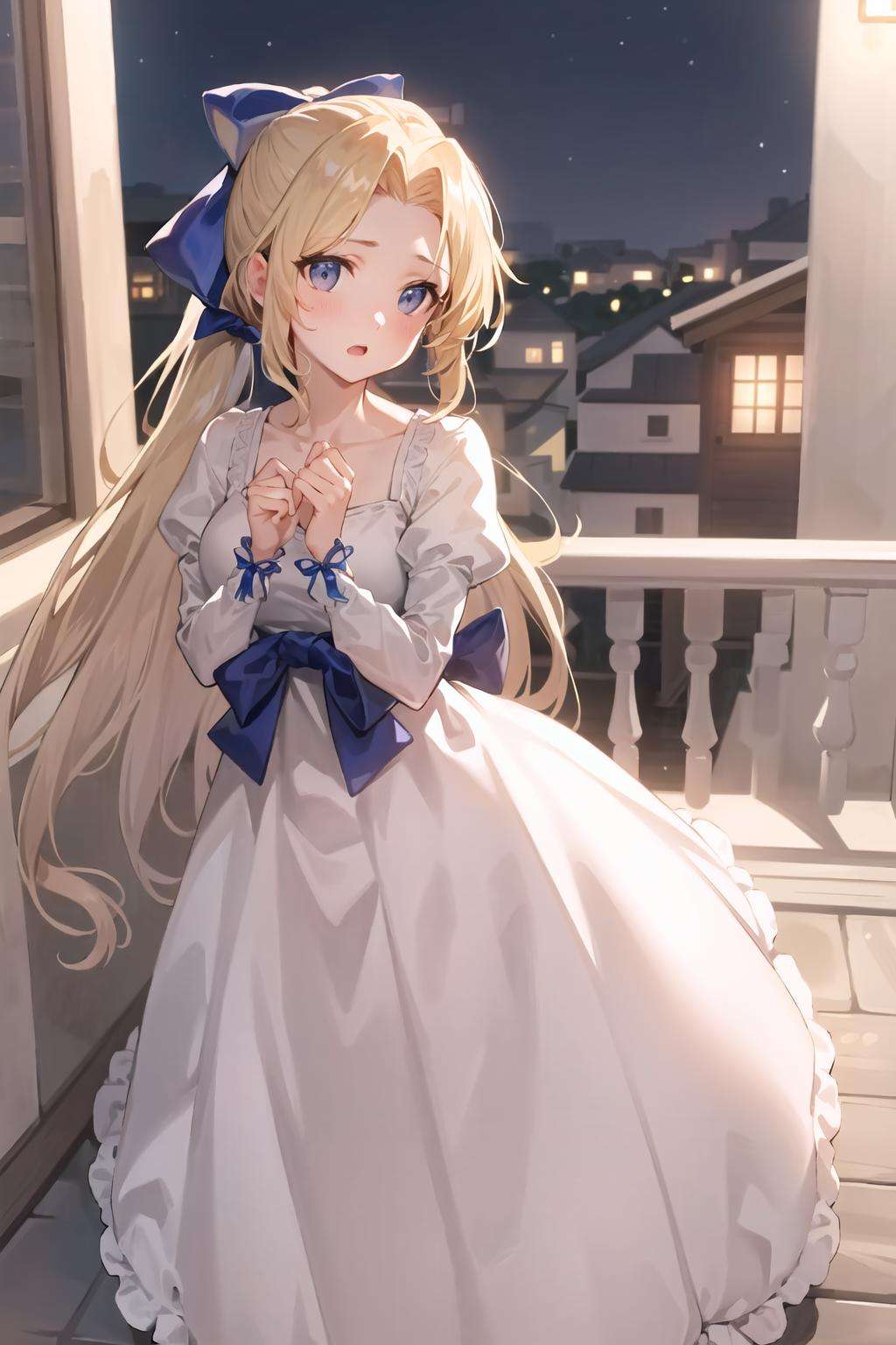 masterpiece, best quality, celes chere, white ballgown, hair bow, blue ribbon, nighttime, standing on balcony, village, open mouth, hands to heart, singing <lora:celes-nvwls-v2-000012:0.9>