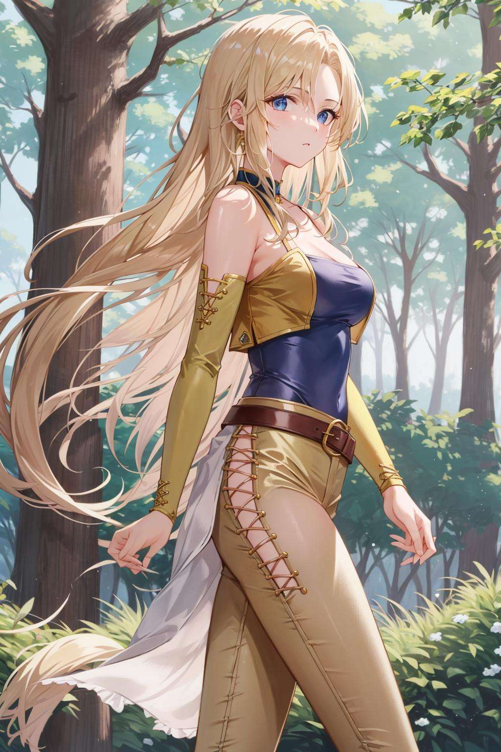 masterpiece, best quality, celes chere, yellow vest, detached sleeves, blue shirt, belt, yellow pants, white boots, from side, walking, looking at viewer, forest <lora:celes-nvwls-v2-000012:0.9>