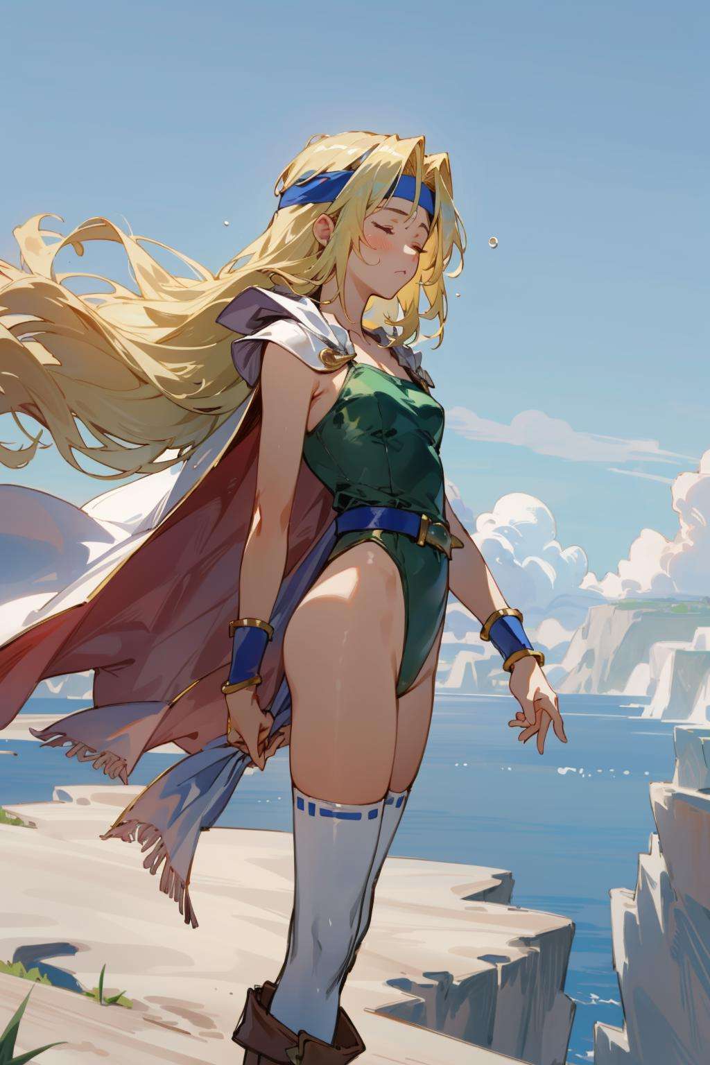 masterpiece, best quality, celes chere, blue headband, green leotard, blue bracelets, white cape, blue belt, white thighhighs, blue boots, standing on the edge of a cliff, sky, from side, closed eyes, sad <lora:celes-nvwls-v2-000012:1.0>