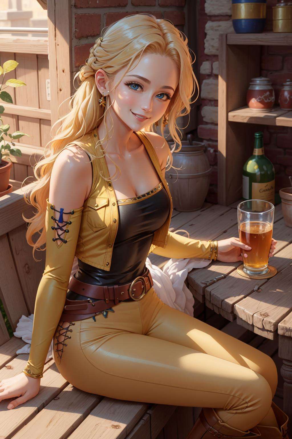 masterpiece, best quality, celes chere, yellow vest, detached sleeves, blue shirt, belt, yellow pants, white boots, sitting, smile, looking at viewer, indoors, tavern <lora:celes-nvwls-v2-000012:0.9>