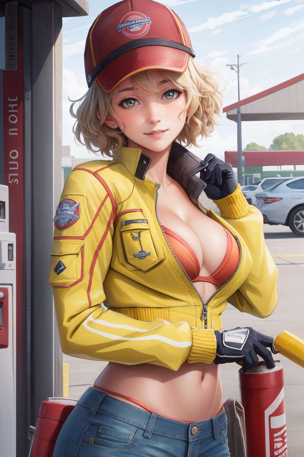 masterpiece, best quality, cindy aurum, baseball cap, cropped jacket, cleavage, orange bra, black gloves, denim shorts, upper body, portrait, looking at viewer, garage, gas station, looking at viewer, smile, closed mouth <lora:cindy-nvwls-v2-000010:0.9>