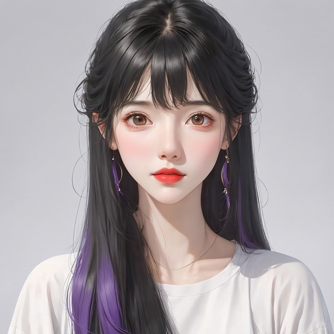 (highest resolution, distinct_image) The best quality, a woman, masterpiece, highly detailed, (semi-realistic), long black hair, long straight hair, black hair bangs, purple eyes, mature, cherry glossy lips, white background, close-up portrait, solid circle eyes, minimalistic