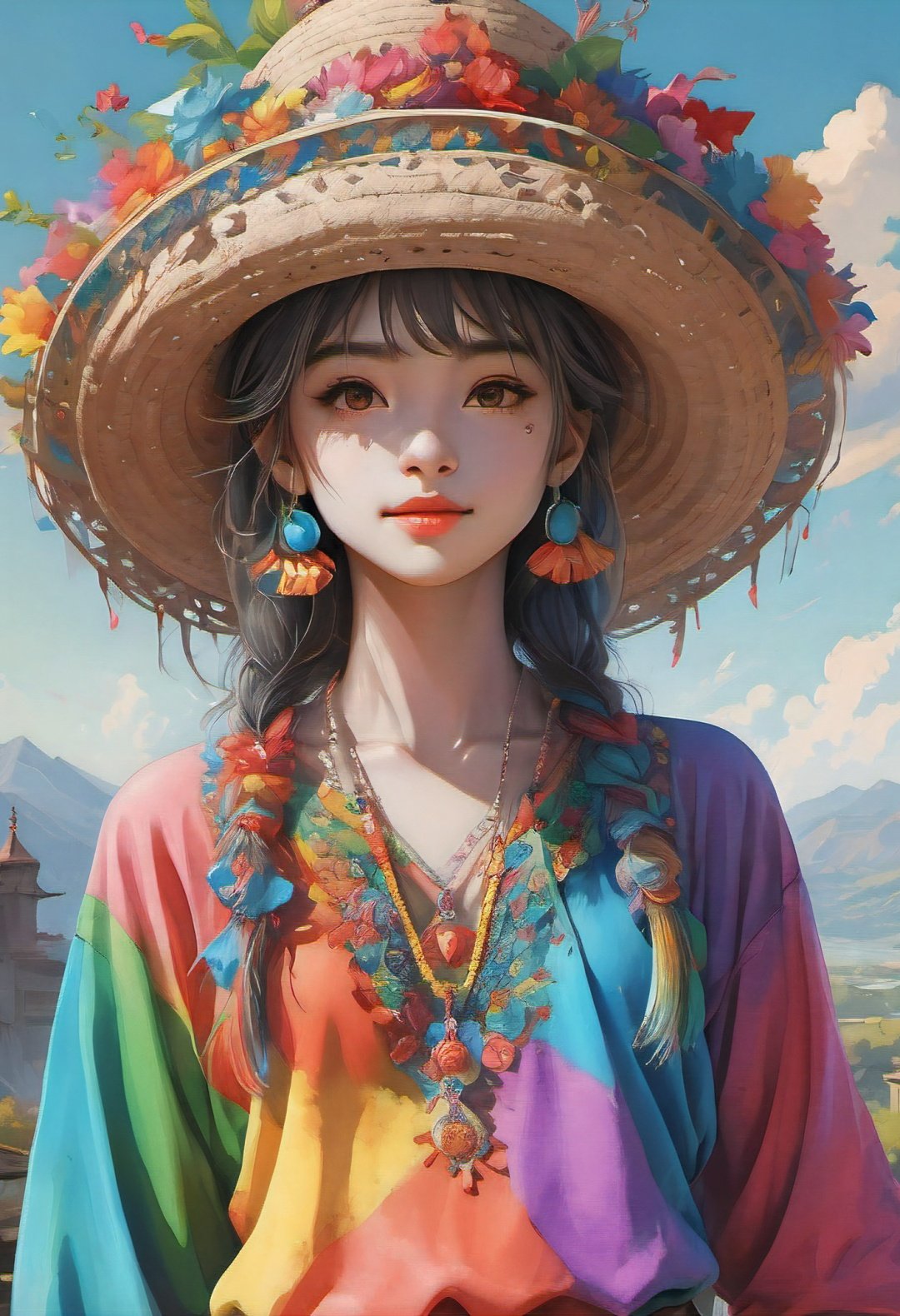 Best quality,1girl,colorfull,upper body, extremely detailed details, amazing scenery，hat，