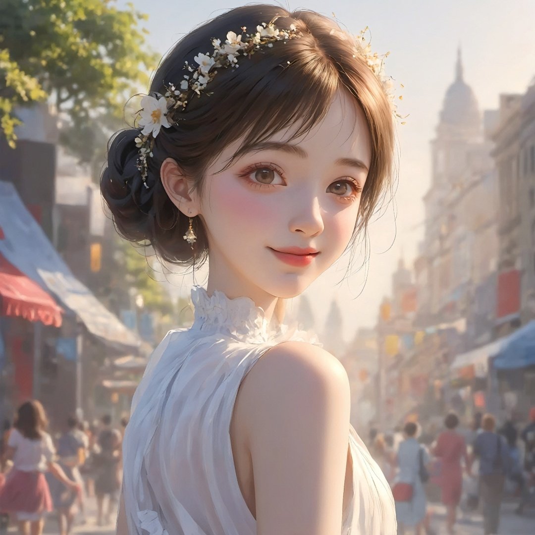 Ultra-realistic 8k CG, masterpiece, HDR, absurdres, Professional, RAW photo, studio light, a woman in a white dress  and looking at the camera with a smile on her face, 1girl, black_hair, depth_of_field, hand_fan, lips, looking_at_viewer, motion_blur, short_hair, solo, Highly detailed, Professional, extreme detail description;, (photorealistic:1.4), lens flare, (film grain:1.1), Bokeh, ((Depth of field)), bokeh, best quality