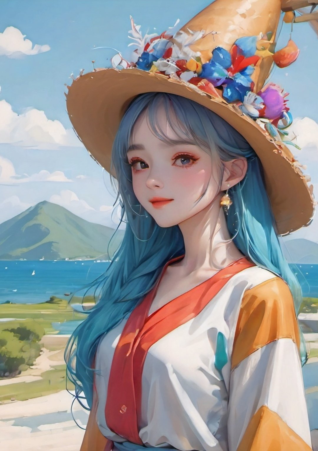 Best quality,1girl,colorfull,upper body, extremely detailed details, amazing scenery，hat，