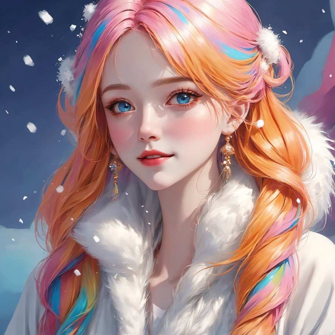 masterpiece, best quality, 1girl, smile,(snowing) (( swirling vortexes colourful hair)), wear white fur coat, ((long Hair)), ((right side)), emotional face, close up, studio light, studio, (((makeup portrait, pink eye shadow))), ((with many golden and orange swirling vortexes colourful snow and feather on face))