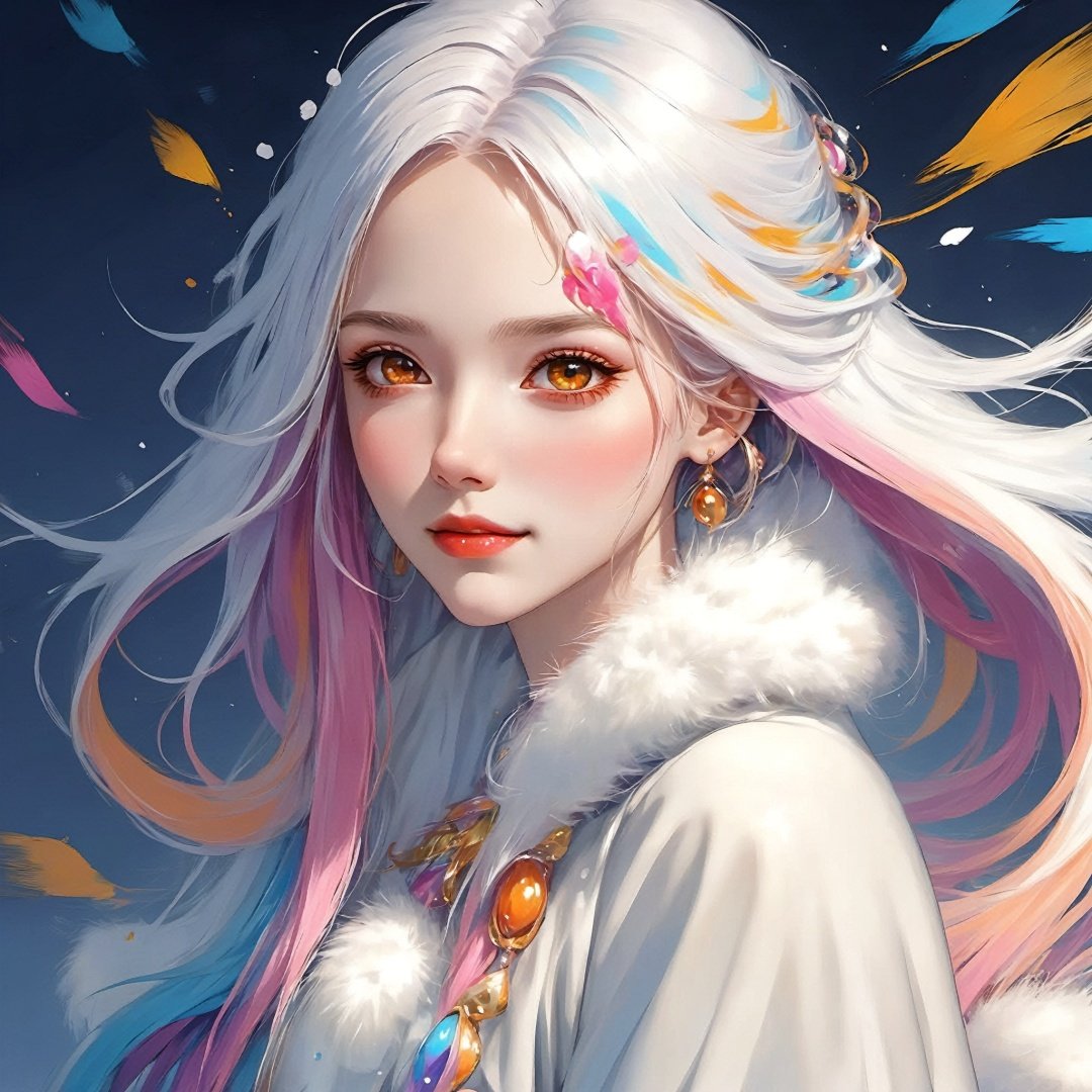 masterpiece, best quality, 1girl, smile,(snowing) (( swirling vortexes colourful hair)), wear white fur coat, ((long Hair)), ((right side)), emotional face, close up, studio light, studio, (((makeup portrait, pink eye shadow))), ((with many golden and orange swirling vortexes colourful snow and feather on face))