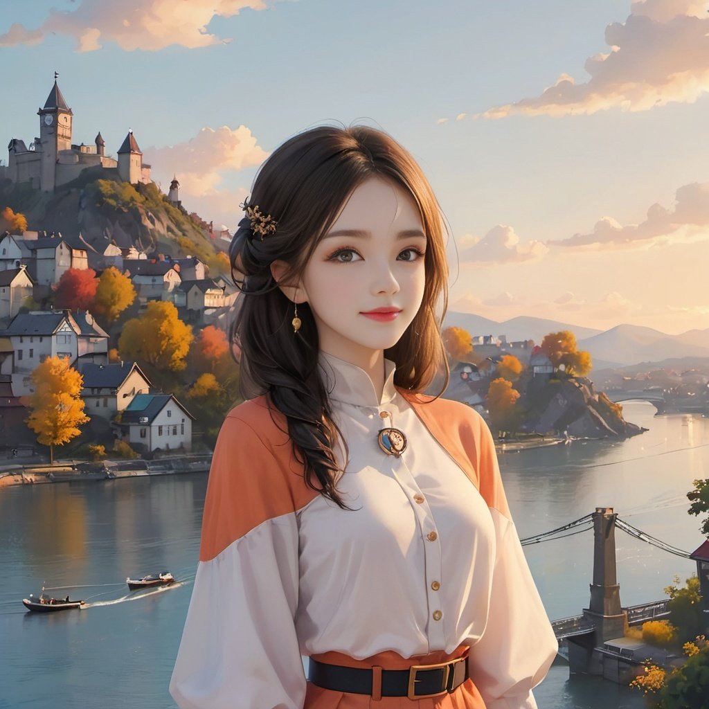 Colorful, all over，castle, cloud, cloudy_sky, sky, building, cityscape, mountain, city, watercraft, skyscraper, 1girl, town, ship, tower, outdoors, sunrise, cliff, mountainous_horizon, blue_sky, jewelry, earrings, ocean, lighthouse, bow, skyline, scenery, sunset, twilight, blue_eyes, orange_sky, aircraft, landscape, house, river, warship, horizon, clock_tower, boat, lake, solo, bridge, power_lines, smile, gradient_sky, evening, hair_bow, scarlet_devil_mansion, day, tree, windmill, buttons, looking_at_viewer, airplane, lamppost, long_hair, floating_island, sun, dusk,<lora:神明少女1.0:0.8>