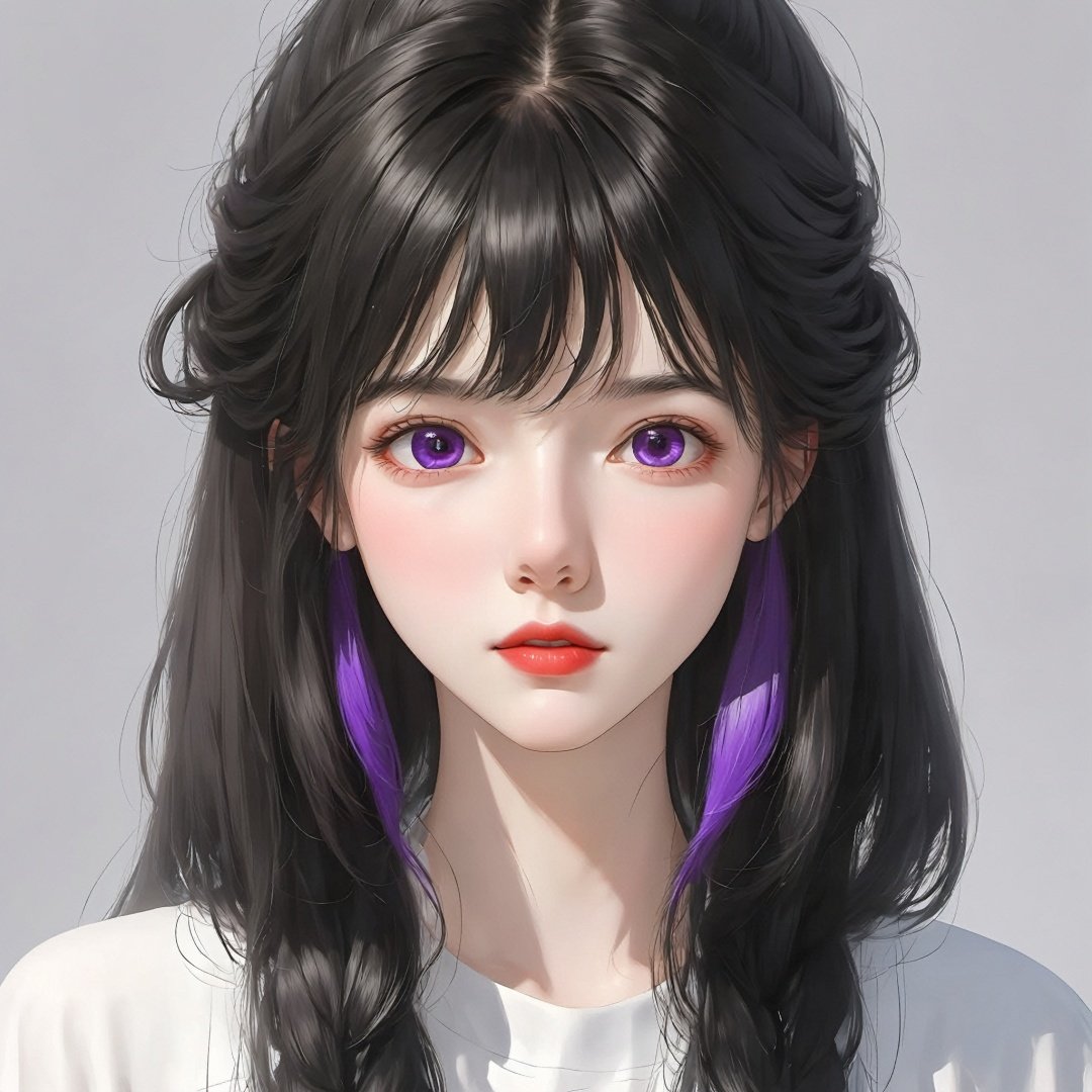 (highest resolution, distinct_image) The best quality, a woman, masterpiece, highly detailed, (semi-realistic), long black hair, long straight hair, black hair bangs, purple eyes, mature, cherry glossy lips, white background, close-up portrait, solid circle eyes, minimalistic