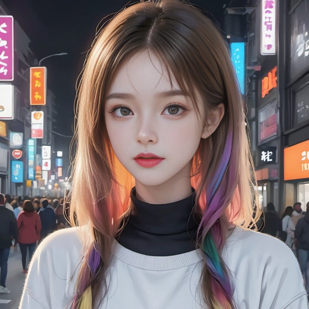 Best quality, film light effect, a girl standing on the street, rich colors, super detailed face details, super detailed hair, city streets, night, neon lights, moon, colorful,solo,looking at viewer, <lora:20230817-1692230799337:0.8>