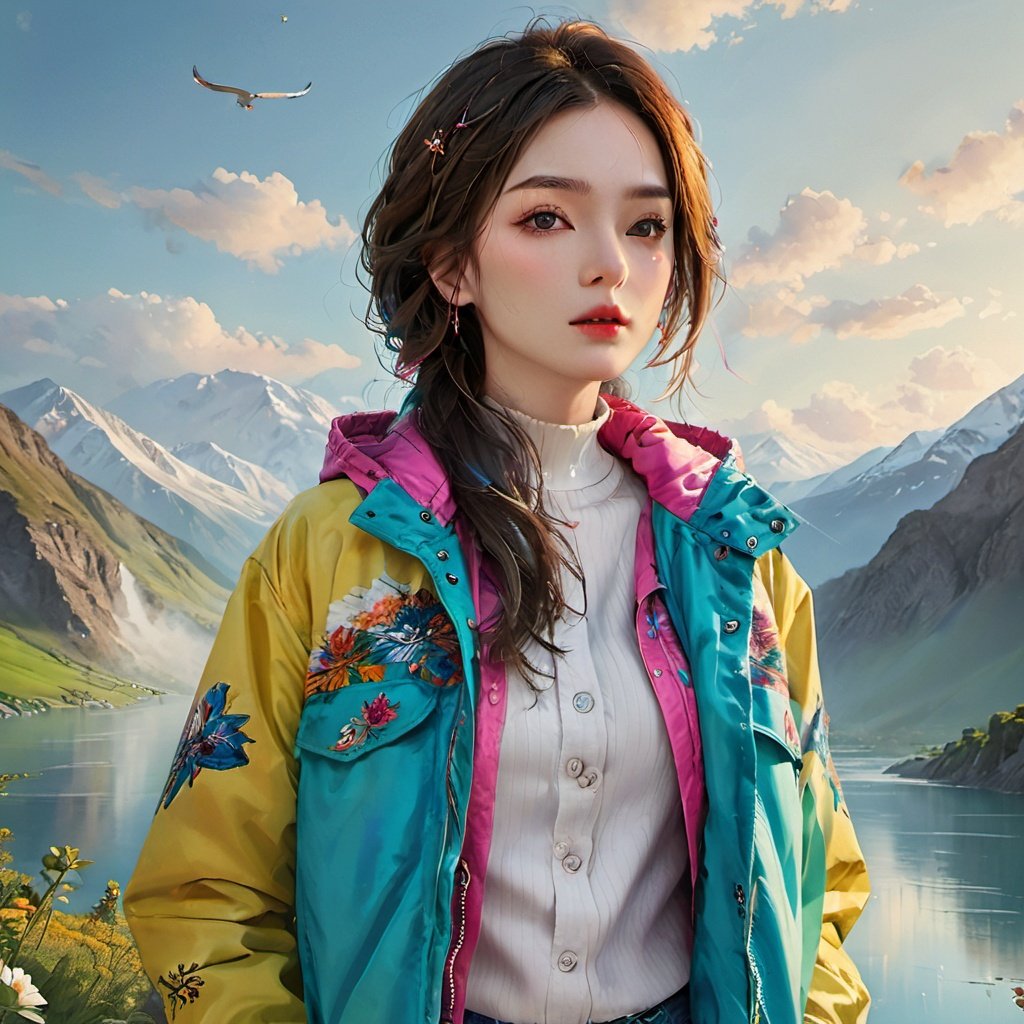 Best quality,1girl,colorfull,upper body, extremely detailed details, amazing scenery,Jacket