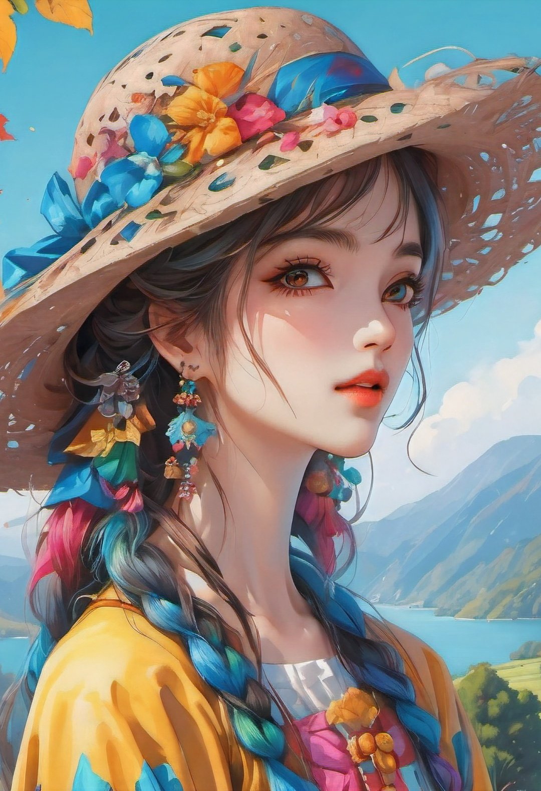 Best quality,1girl,colorfull,upper body, extremely detailed details, amazing scenery，hat，