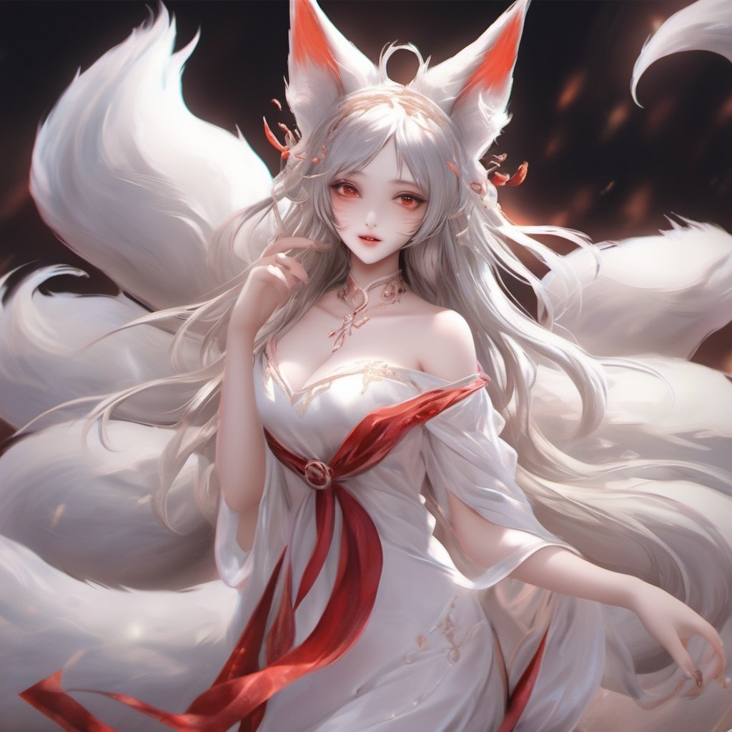 1girl, animal ears, fox ears, tail, solo, fox tail, facial mark, jewelry, long hair, multiple tails, looking at viewer, upper body, earrings, parted lips, hair ornament, hand up, dress, fox girl, animal ear fluff, bare shoulders, red lips, shiny, breasts, white hair, teeth, red nails, brown eyes, bangs, lips, fingernails, white dress <lora:maonv:1>