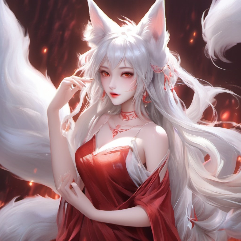 1girl, animal ears, fox ears, tail, solo, fox tail, facial mark, jewelry, long hair, multiple tails, looking at viewer, upper body, earrings, parted lips, hair ornament, hand up, dress, fox girl, animal ear fluff, bare shoulders, red lips, shiny, breasts, white hair, teeth, red nails, brown eyes, bangs, lips, fingernails, white dress <lora:maonv:1>