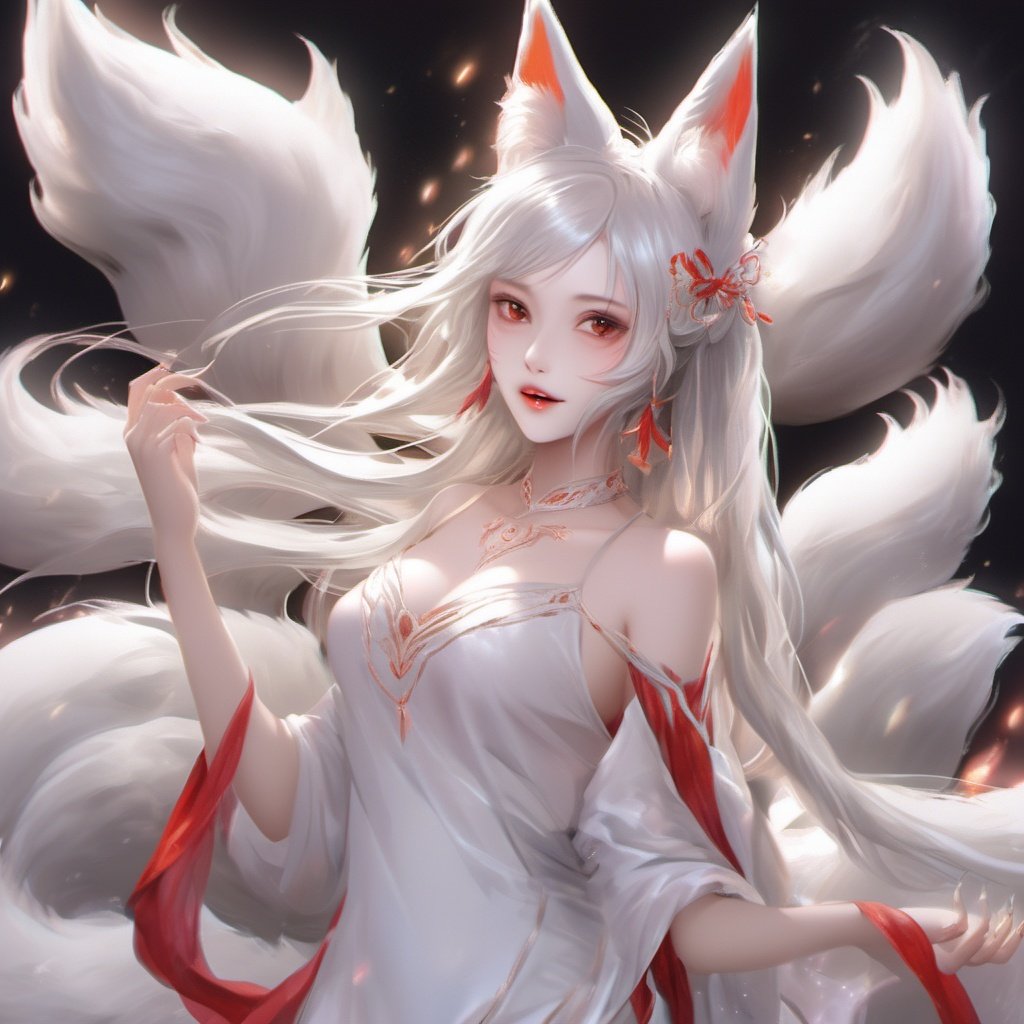 1girl, animal ears, fox ears, tail, solo, fox tail, facial mark, jewelry, long hair, multiple tails, looking at viewer, upper body, earrings, parted lips, hair ornament, hand up, dress, fox girl, animal ear fluff, bare shoulders, red lips, shiny, breasts, white hair, teeth, red nails, brown eyes, bangs, lips, fingernails, white dress <lora:maonv:1>