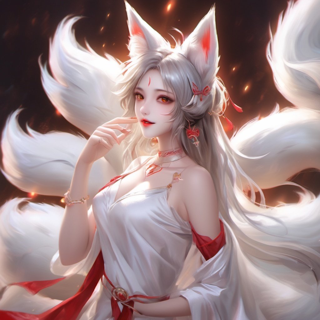 1girl, animal ears, fox ears, tail, solo, fox tail, facial mark, jewelry, long hair, multiple tails, looking at viewer, upper body, earrings, parted lips, hair ornament, hand up, dress, fox girl, animal ear fluff, bare shoulders, red lips, shiny, breasts, white hair, teeth, red nails, brown eyes, bangs, lips, fingernails, white dress <lora:maonv:1>