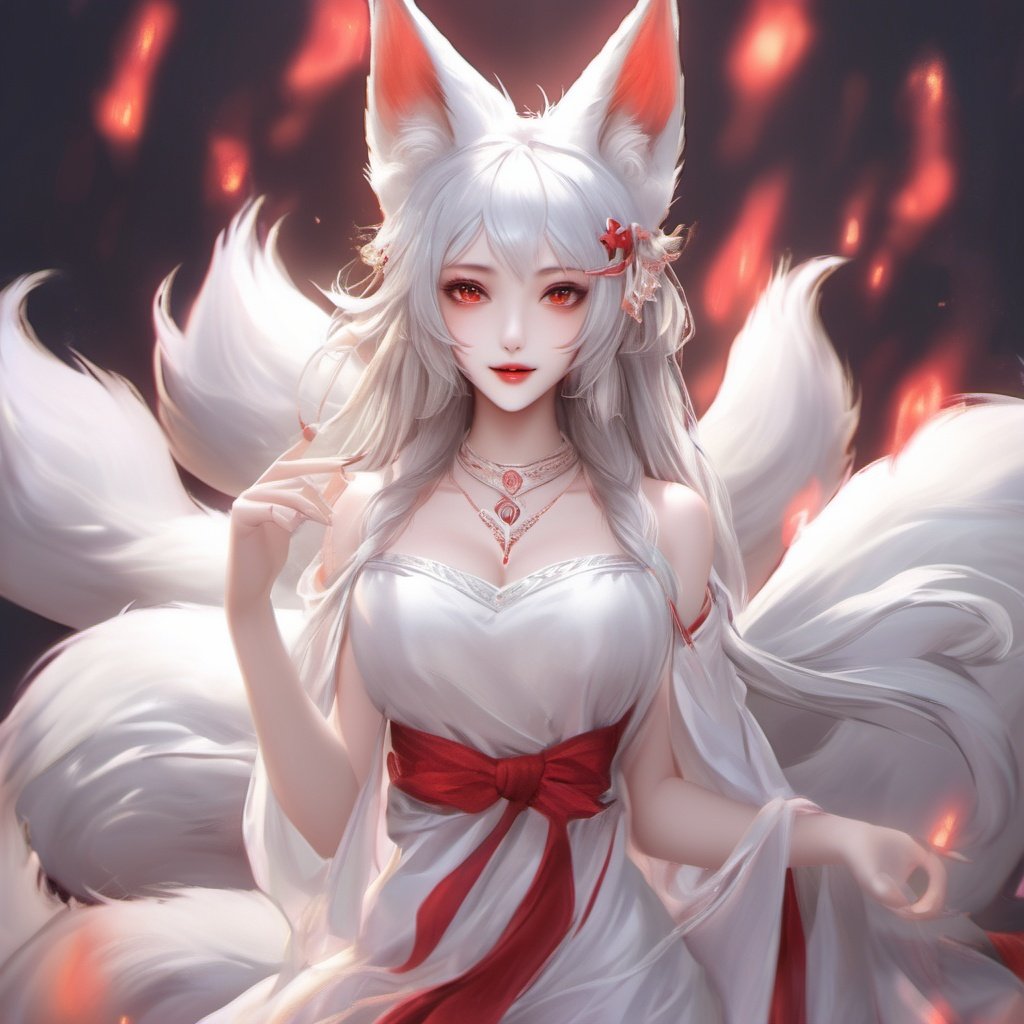 1girl, animal ears, fox ears, tail, solo, fox tail, facial mark, jewelry, long hair, multiple tails, looking at viewer, upper body, earrings, parted lips, hair ornament, hand up, dress, fox girl, animal ear fluff, bare shoulders, red lips, shiny, breasts, white hair, teeth, red nails, brown eyes, bangs, lips, fingernails, white dress <lora:maonv:1>