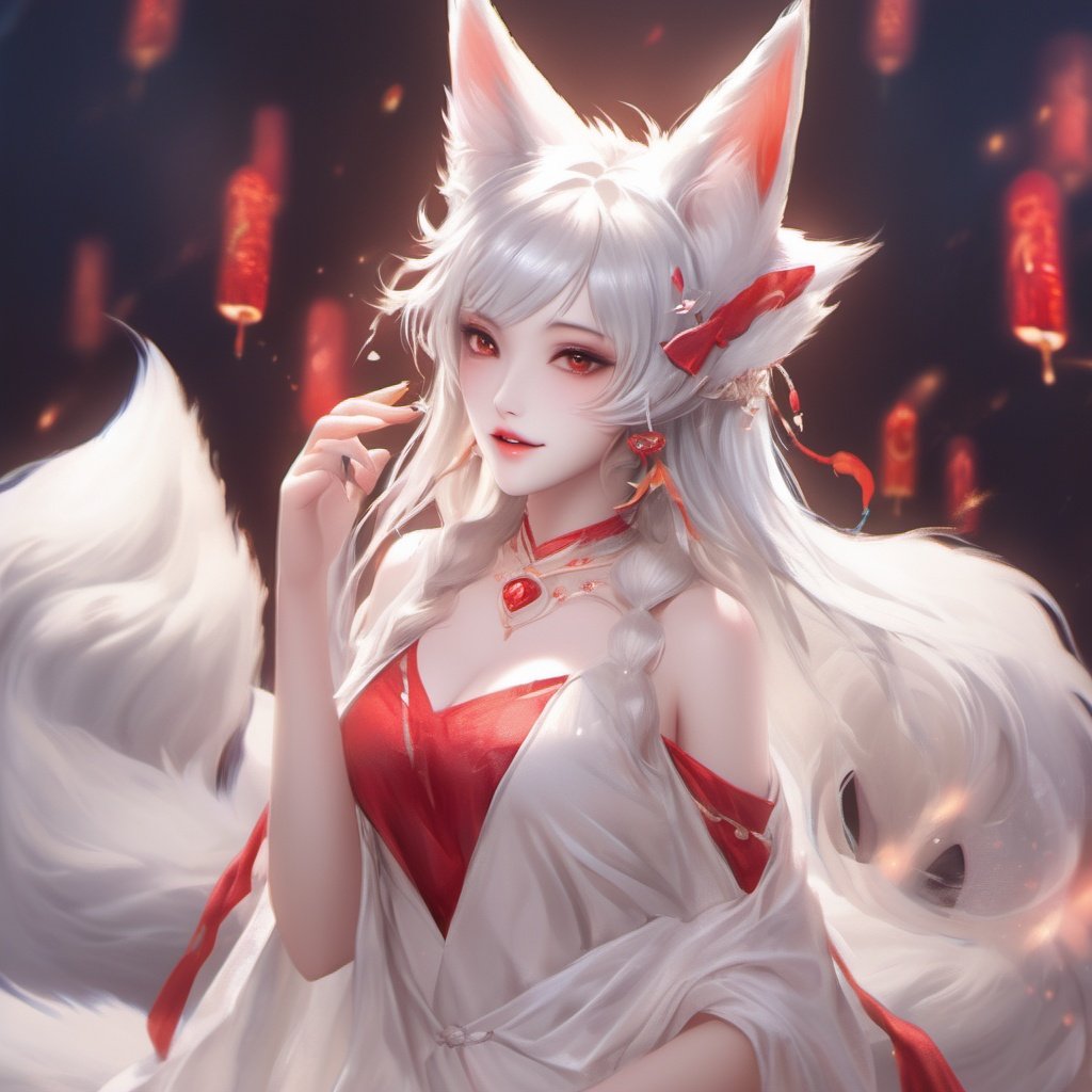 1girl, animal ears, fox ears, tail, solo, fox tail, facial mark, jewelry, long hair, multiple tails, looking at viewer, upper body, earrings, parted lips, hair ornament, hand up, dress, fox girl, animal ear fluff, bare shoulders, red lips, shiny, breasts, white hair, teeth, red nails, brown eyes, bangs, lips, fingernails, white dress <lora:maonv:1>