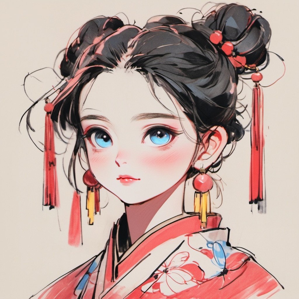 1girl, solo, earrings, jewelry, hair ornament, blue eyes, looking at viewer, black hair, blush, makeup, red lips, portrait, simple background, tassel earrings, chinese clothes, hair bun, tassel, upper body, closed mouth, sketch, from side, single hair bun, updo, eyelashes <lora:jijiangf:1>