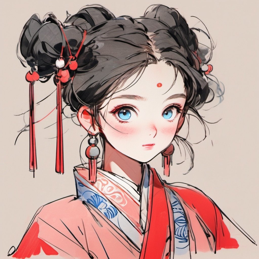 1girl, solo, earrings, jewelry, hair ornament, blue eyes, looking at viewer, black hair, blush, makeup, red lips, portrait, simple background, tassel earrings, chinese clothes, hair bun, tassel, upper body, closed mouth, sketch, from side, single hair bun, updo, eyelashes <lora:jijiangf:1>