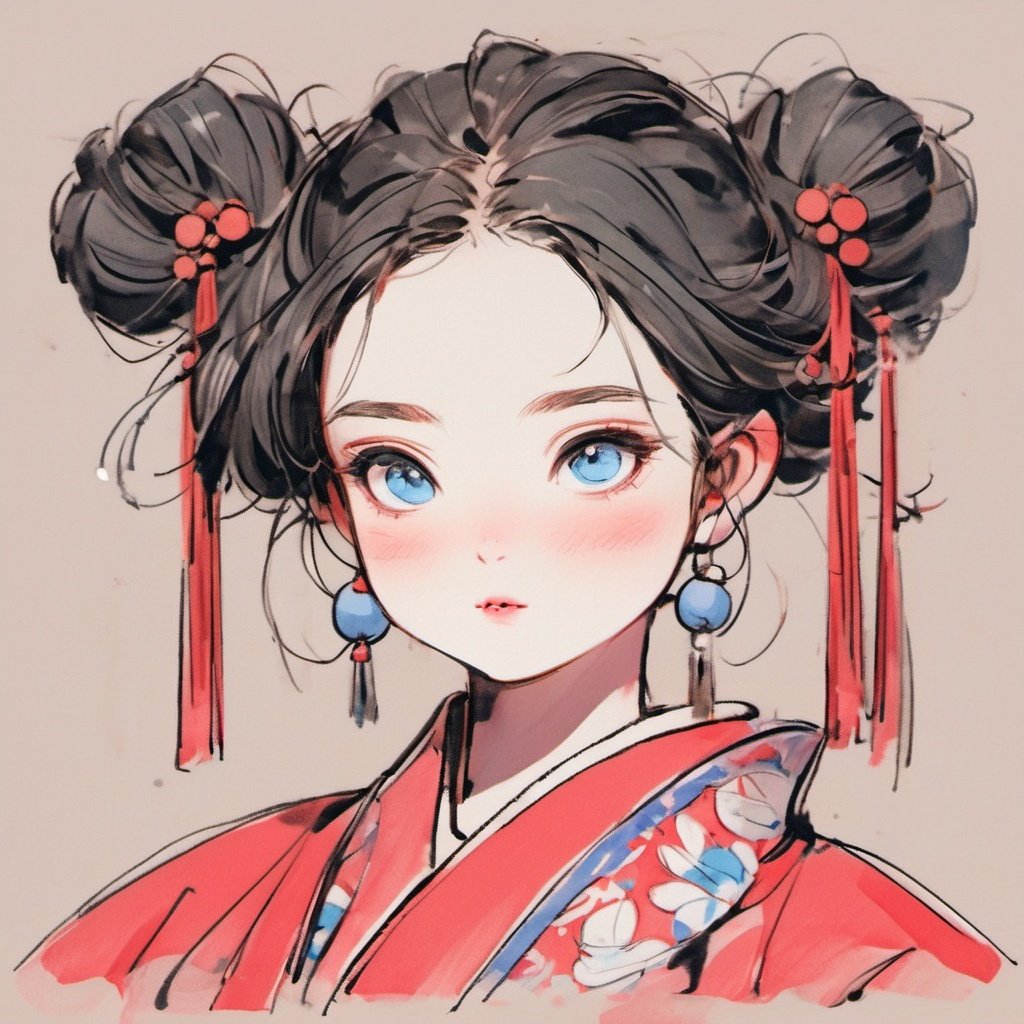 1girl, solo, earrings, jewelry, hair ornament, blue eyes, looking at viewer, black hair, blush, makeup, red lips, portrait, simple background, tassel earrings, chinese clothes, hair bun, tassel, upper body, closed mouth, sketch, from side, single hair bun, updo, eyelashes <lora:jijiangf:1>