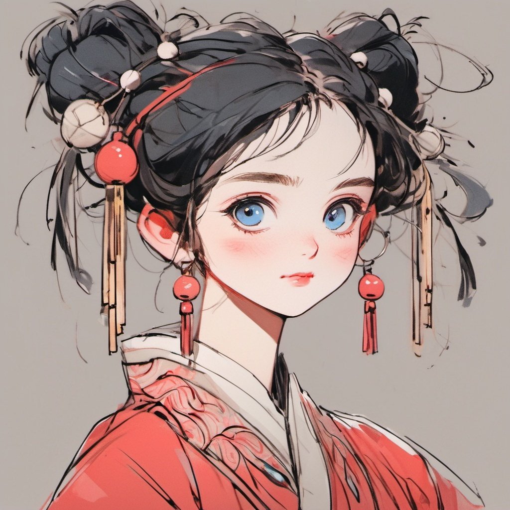 1girl, solo, earrings, jewelry, hair ornament, blue eyes, looking at viewer, black hair, blush, makeup, red lips, portrait, simple background, tassel earrings, chinese clothes, hair bun, tassel, upper body, closed mouth, sketch, from side, single hair bun, updo, eyelashes <lora:jijiangf:1>