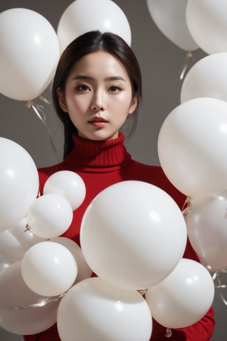 breathtaking a cinematic fashion portrait photo of beautiful young chinese woman from the 60s wearing a red turtleneck standing in the middle of a ton of white balloons, dramatic lighting, taken on a hasselblad medium format camera . award-winning, professional, highly detailed