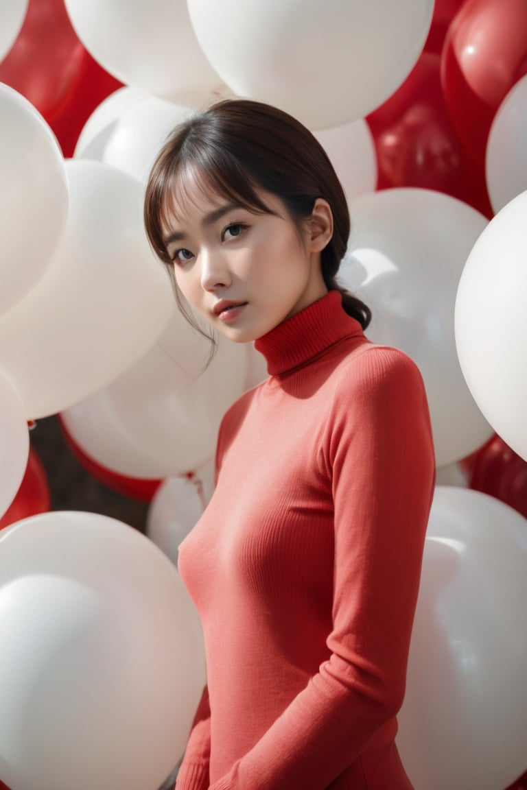 breathtaking a cinematic fashion portrait photo of beautiful young chinese woman from the 60s wearing a red turtleneck standing in the middle of a ton of white balloons, dramatic lighting, taken on a hasselblad medium format camera . award-winning, professional, highly detailed