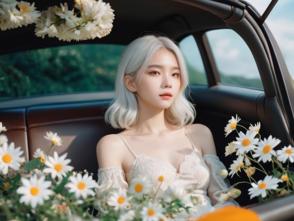 ethereal fantasy concept art of  cinematic film still, chinese girl, a girl with white hair sitting in car filled with flowers, art by Rinko Kawauchi, in the style of naturalistic poses, vacation dadcore, youth fulenergy, a cool expression, body extensions, flowersin the sky, analog film, super detail, dreamy lofi photography, colourful, covered in flowers andvines, Inside view, shot on fujifilm XT4 . shallow depth of field, vignette, highly detailed, high budget, bokeh, cinemascope, moody, epic, gorgeous, film grain, grainy . magnificent, celestial, ethereal, painterly, epic, majestic, magical, fantasy art, cover art, dreamy