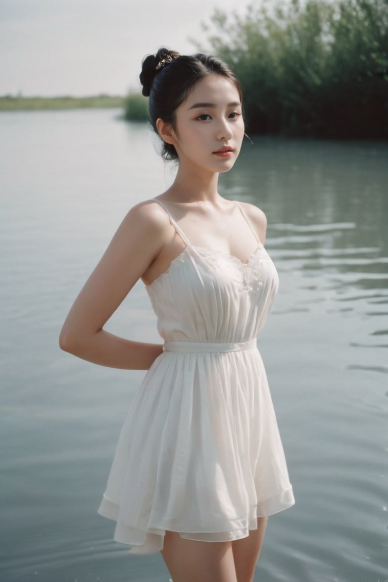 analog film photo A black-haired girl, wearing a white dress, with a single hair bun adorned with a hairpin, her eyes closed, standing alone on the water surface, reflecting her image. She is a fair-skinned female, revealing her collarbone and bare shoulders as she faces the viewer, against a light gray background in a minimalist style. . faded film, desaturated, 35mm photo, grainy, vignette, vintage, Kodachrome, Lomography, stained, highly detailed, found footage