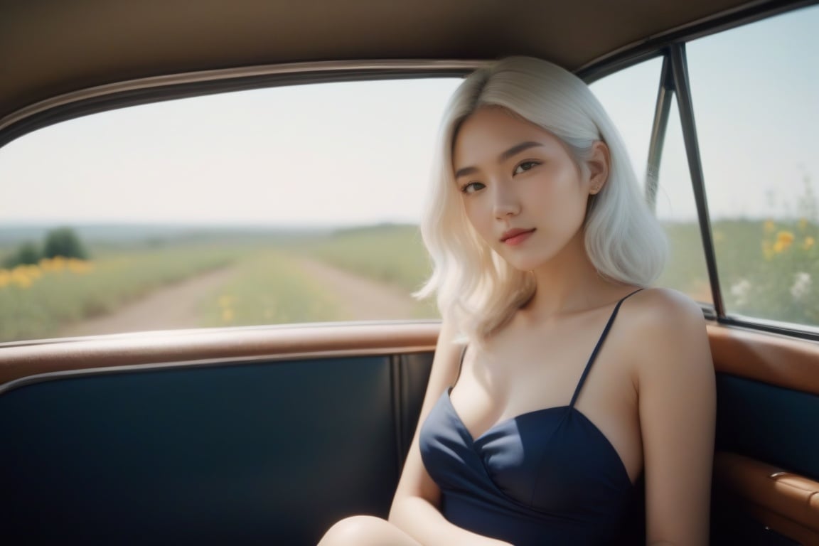 analog film photo cinematic film still, chinese girl, Navy blue halter neck midi dress with side slit, a girl with white hair sitting in car filled withflowers, art by Rinko Kawauchi, in the style ofnaturalistic poses, vacation dadcore, youthfulenergy, a cool expression, body extensions, flowersin the sky, analog film, super detail, dreamy lofi photography, colourful, covered in flowers andvines, Inside view, shot on fujifilm XT4 . shallow depth of field, vignette, highly detailed, high budget, bokeh, cinemascope, moody, epic, gorgeous, film grain, grainy . faded film, desaturated, 35mm photo, grainy, vignette, vintage, Kodachrome, Lomography, stained, highly detailed, found footage