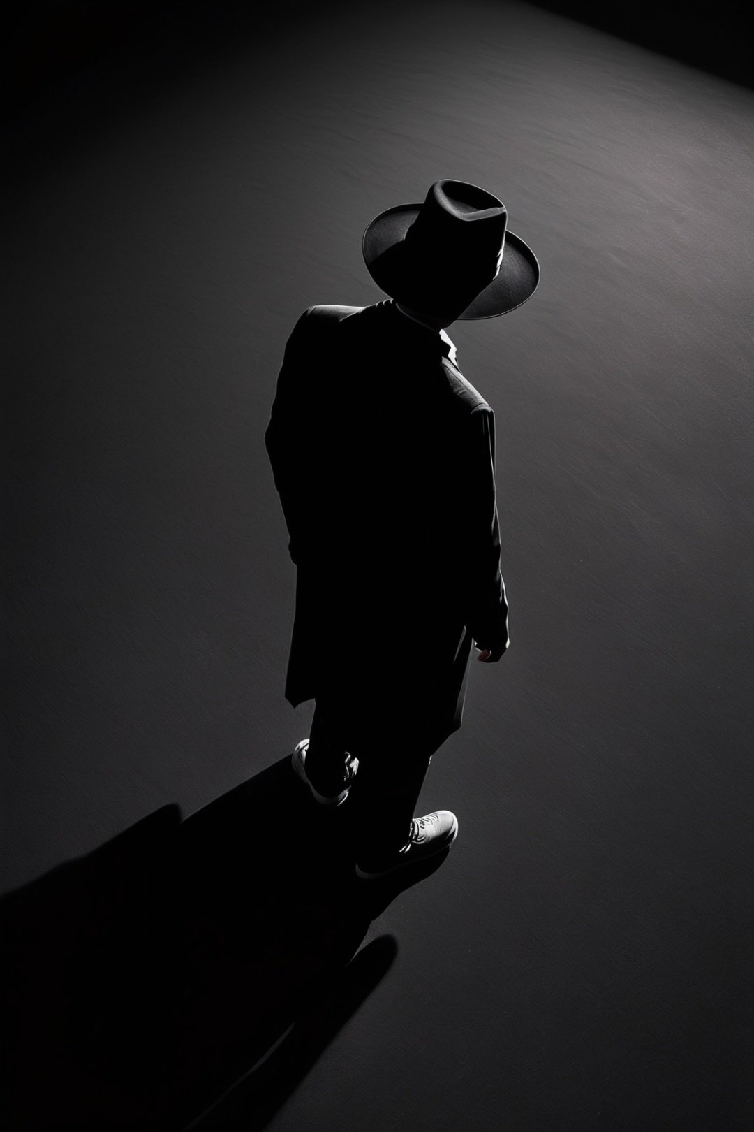 Prospect, Bird's-eye view, Human figure, A pure black background, Alone, Walk in a pure  black space, Shadow, Wearing a hat, Can't see the face clea, Loneliness, Sense of atmosphere, Leave a lot of black space, modern art
