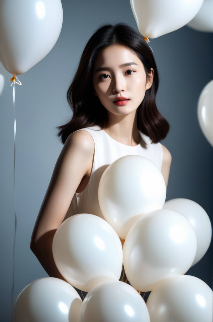 a cinematic fashion portrait photo of beautiful young woman from the 60s wearing  standing in the middle of a ton of white balloons,dramatic lighting,taken on a hasselblad medium format camera,looks like liu yifei,white balloon,