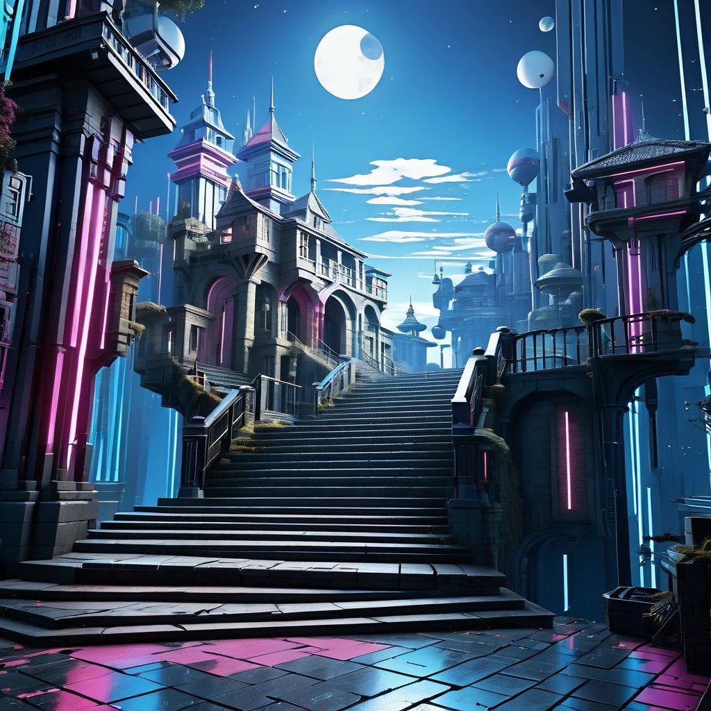 surespace, stairs leading to a castle, cyberpunk, best quality, ultra detailed,