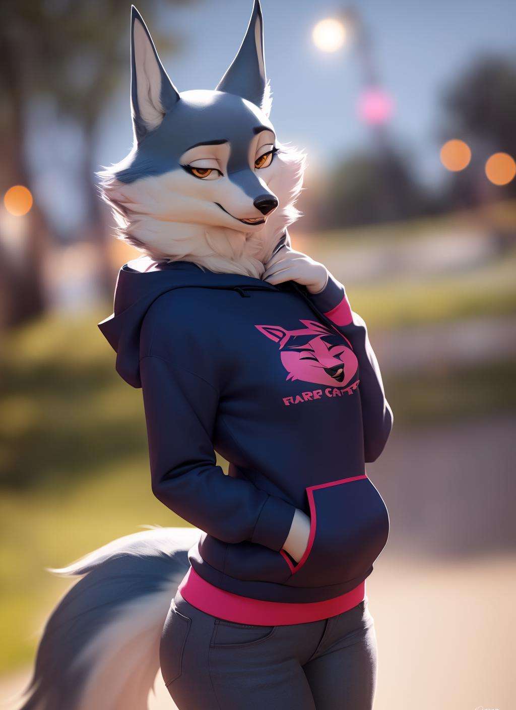 porshacrystal, furry female anthro, wolf girl, portrait, close-up,  (hoodie:1.2), solo, (body fur:1.2), (best quality), (detailed park night background:1.2), dramatic lighting, (detailed fluffy fur:1.1), looking at viewer, <lora:porshacrystal-v1:1>